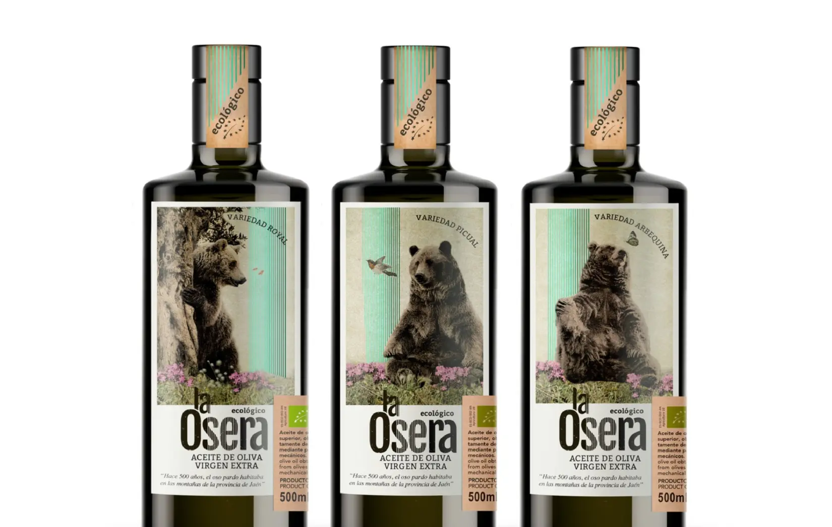 Composición de las tres botellas La Osera: Royal, Picual y Arbequina