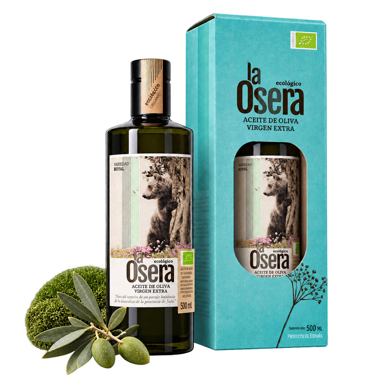 Caja de 6 botellas con estuches de AOVE royal temprano ecológico, formato de 500 ml