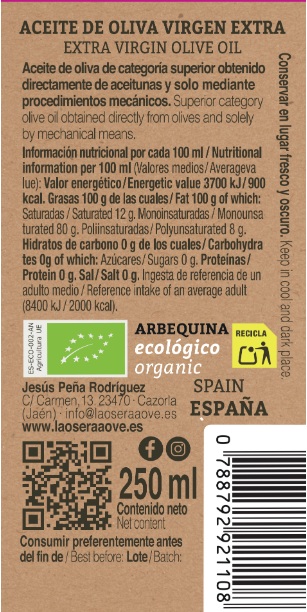 Pack de 20 latas de 250 ml de AOVE arbequina temprano ecológico - Imagen 2